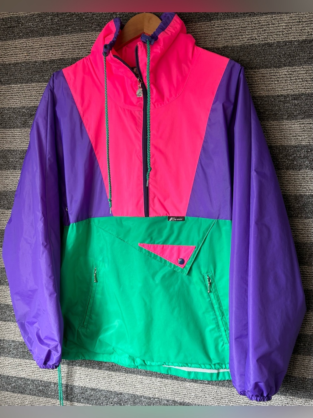 Vintage 80’s K-Way Colorblock Windbreaker in Hot Pink, Purple & Green Men’s S/M